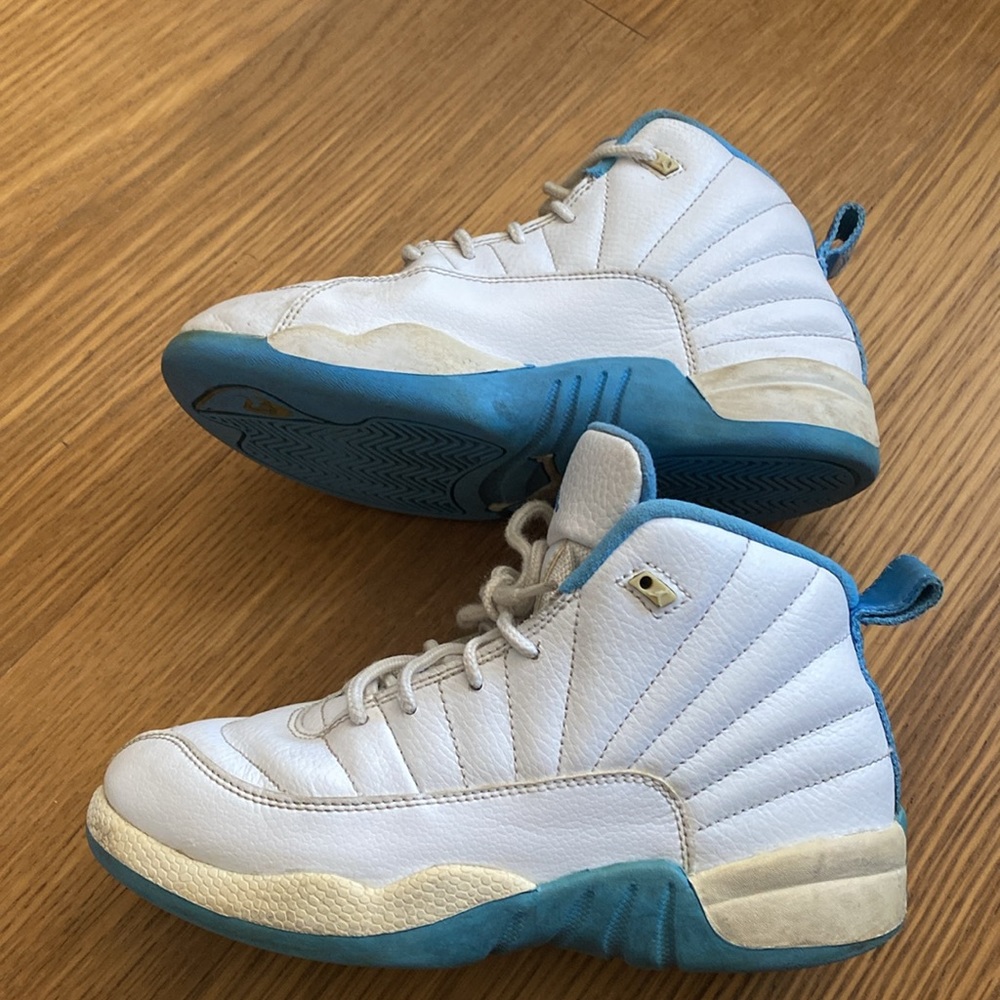 Nike Air Jordan 12 Kids Boys Leather White Blue Basketball Shoes Sneakers Size 3